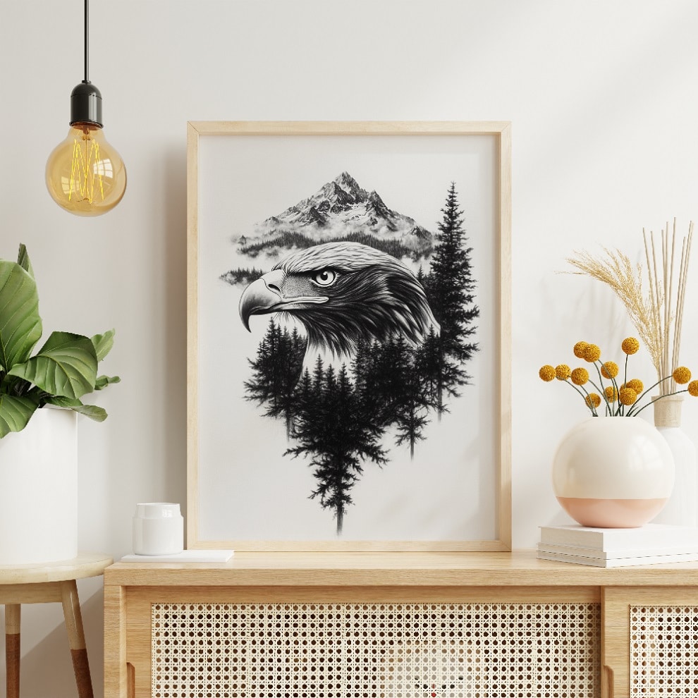 affiche aigle cadre bois