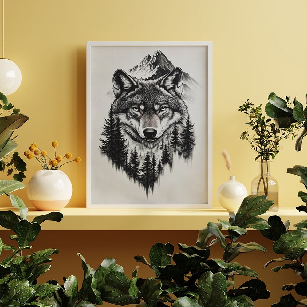 tableau tête de loup noir et blanc