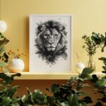 affiche lion noir et blanc fleurs