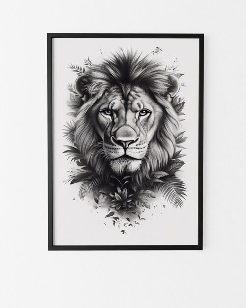 affiche lion style noir et blanc minimaliste