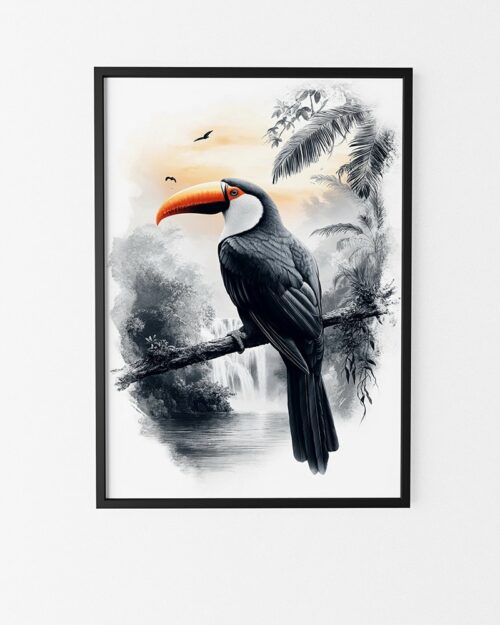 affiche toucan noir et blanc style exotique