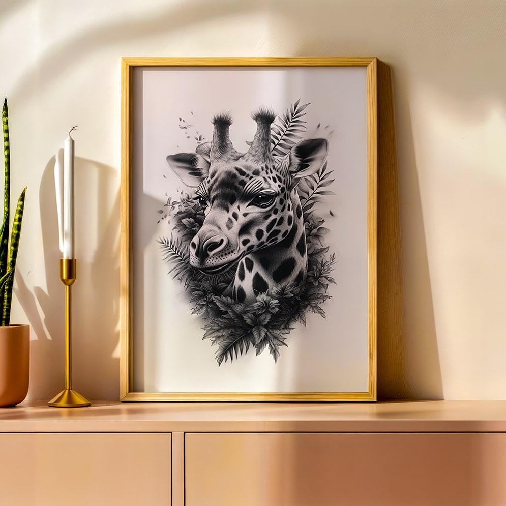cadre girafe tableau affiche noir et blanc