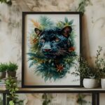 poster panthere noire style exotique fleurs tableau