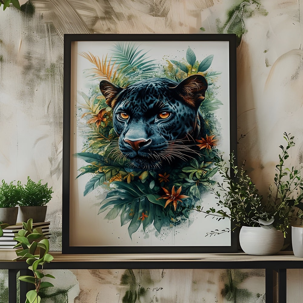 poster panthere noire style exotique fleurs tableau