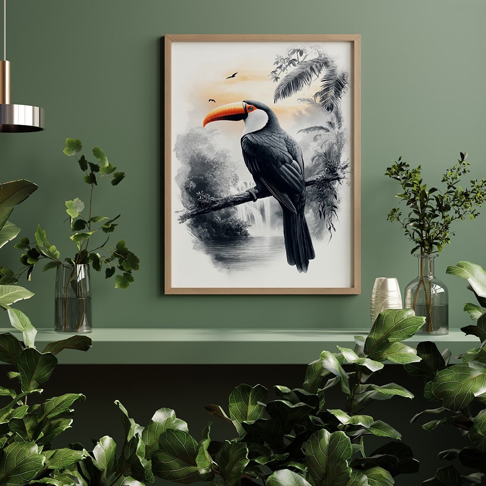 tableau toucan noir et blanc style exotique