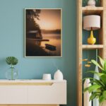 affiche maison sur lac poster barque
