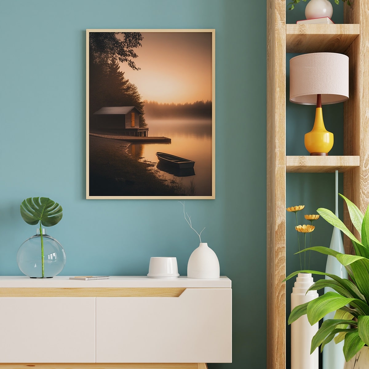 affiche maison sur lac poster barque