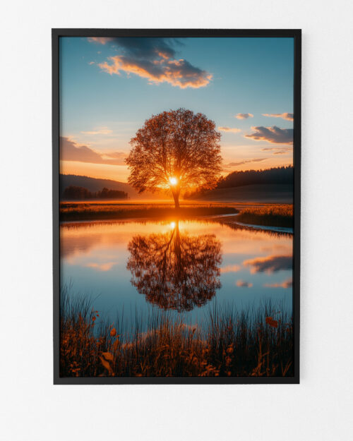 illustration lac soleil couchant poster